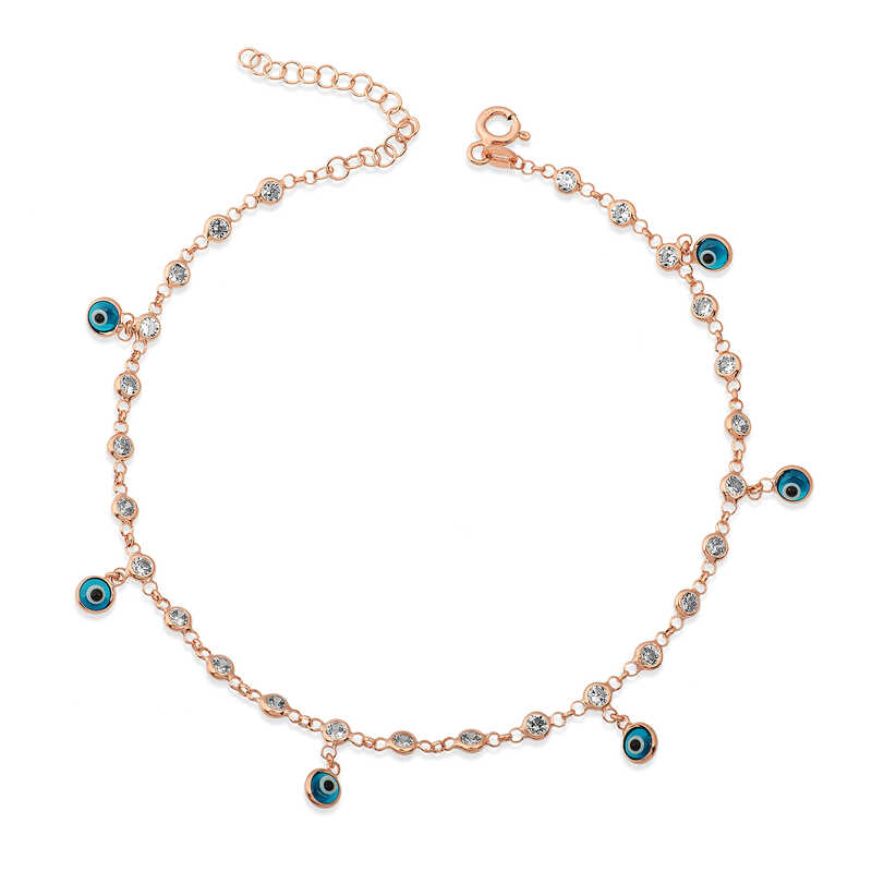 Gümüş Sıralı Zirkon Taşlı Nazarlı Rose Halhal Gümüş Sıralı Zirkon Taşlı Nazarlı Rose Halhal