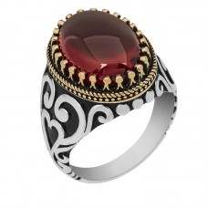 Gümüş Kırmızı Zirkon Taşlı Erkek Yüzük