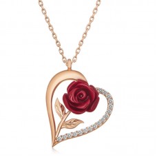 ​Gümüş Rose Kalpli Kırmızı Gül Kadın Kolye
