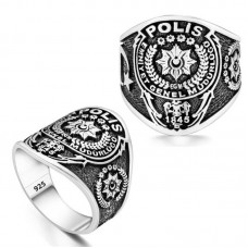 Gümüş Polis Armalı Türk Desenli Erkek Yüzük