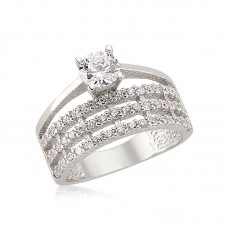 Gümüş Üç Sıra Tek Taş Bayan Yüzük