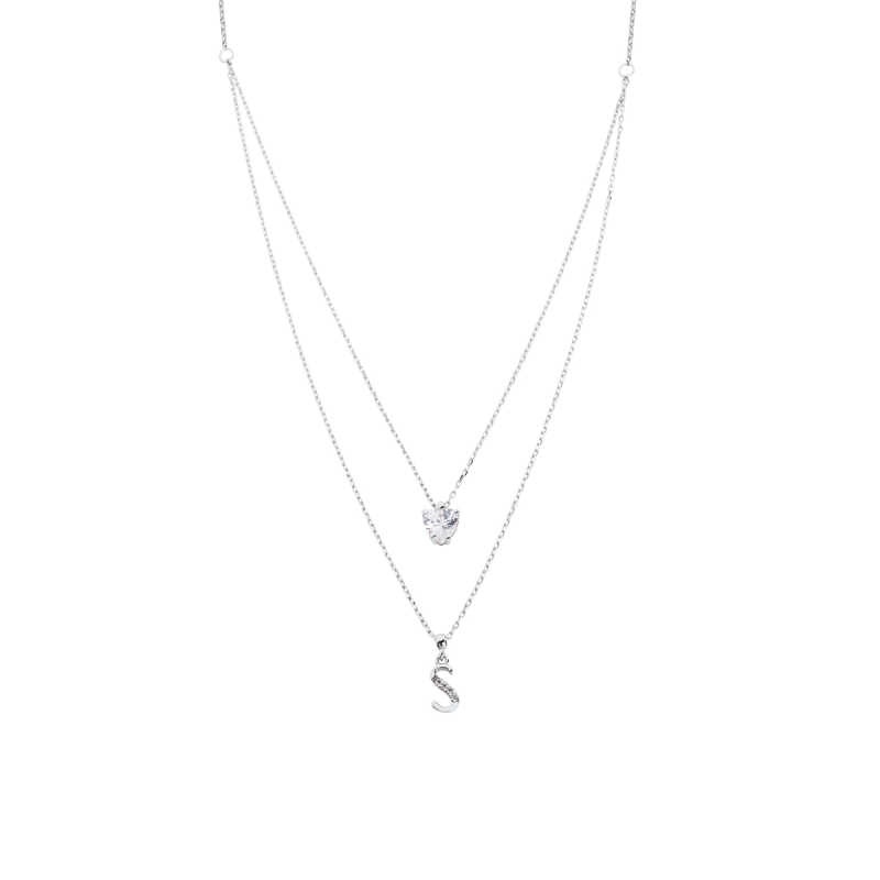 Kalpli Taşlı Çift Zincir Harfli Gümüş Kolye GMS997 Kalpli Taşlı Çift Zincir Harfli Gümüş Kolye GMS997