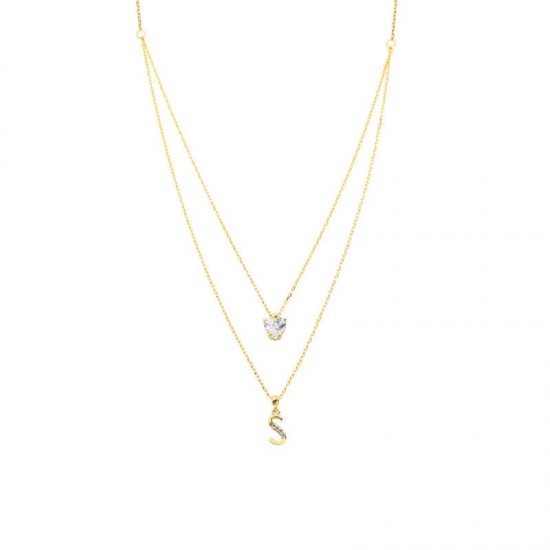 Kalpli Taşlı Çift Zincir Harfli Gümüş Kolye GMS999