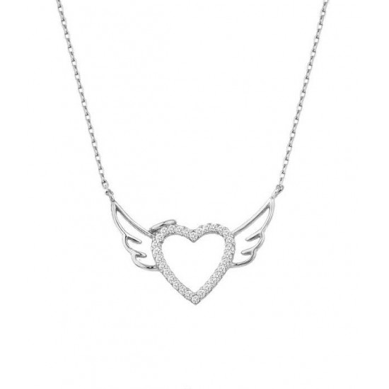 Melek Kanadı Kalpli Gümüş Beyaz Kolye GMS1852