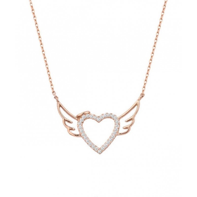 Melek Kanadı Kalpli Gümüş Rose Kolye GMS1853