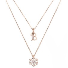 Harfli Kar Tanesi Çift Zincirli Gümüş Rose Kolye GMS1870