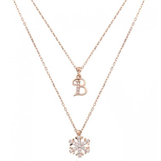 Harfli Kar Tanesi Çift Zincirli Gümüş Rose Kolye GMS1870