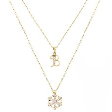 Harfli Kar Tanesi Çift Zincirli Gümüş Sarı Kolye GMS1871