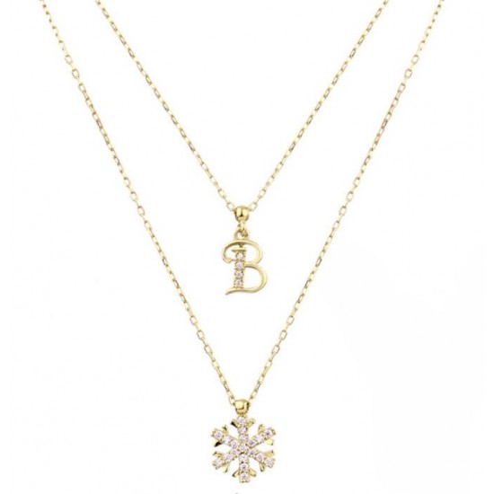 Harfli Kar Tanesi Çift Zincirli Gümüş Sarı Kolye GMS1871