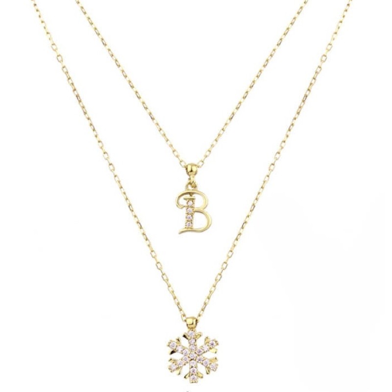 Harfli Kar Tanesi Çift Zincirli Gümüş Sarı Kolye GMS1871 Harfli Kar Tanesi Çift Zincirli Gümüş Sarı Kolye GMS1871