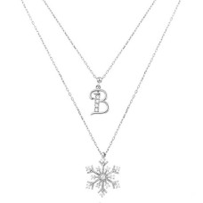 Kar Tanesi Harfli Çift Zincirli Gümüş Beyaz Kolye GMS1872