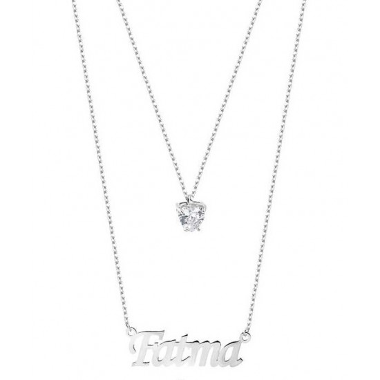 Çift Zincirli İsimli Tek Taşlı Gümüş Beyaz Kolye GMS1887