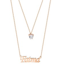 Çift Zincirli İsimli Tek Taşlı Gümüş Rose Kolye GMS1888