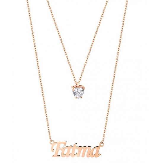 Çift Zincirli İsimli Tek Taşlı Gümüş Rose Kolye GMS1888 Çift Zincirli İsimli Tek Taşlı Gümüş Rose Kolye GMS1888