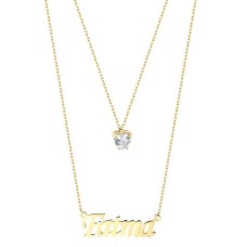 Çift Zincirli İsimli Tek Taşlı Gümüş Sarı Kolye GMS1889