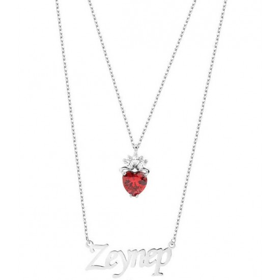 Çift Zincirli İsimli Taçlı Gümüş Beyaz Kolye GMS1890