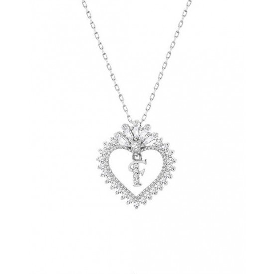 Baget Taşlı Kalpli Harfli Gümüş Beyaz Kolye GMS1908