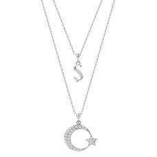 Çift Zincirli Harfli Ay Yıldız Gümüş Beyaz Kolye GMS1911