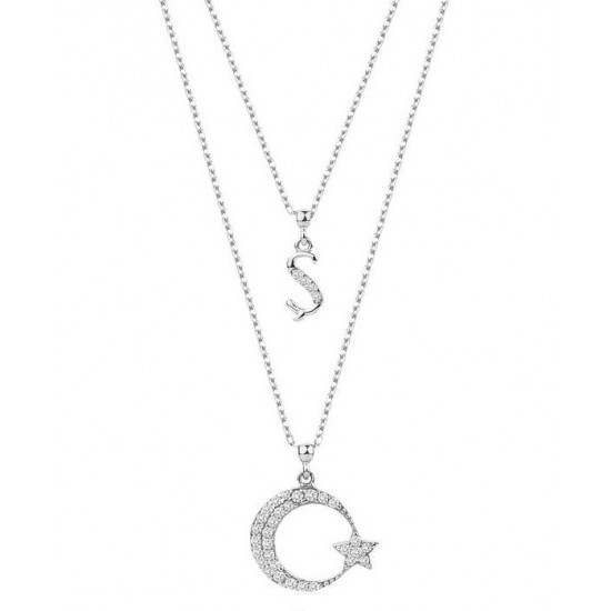 Çift Zincirli Harfli Ay Yıldız Gümüş Beyaz Kolye GMS1911