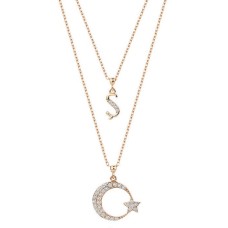 Çift Zincirli Harfli Ay Yıldız Gümüş Rose Kolye GMS1912