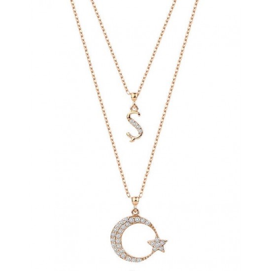 Çift Zincirli Harfli Ay Yıldız Gümüş Rose Kolye GMS1912