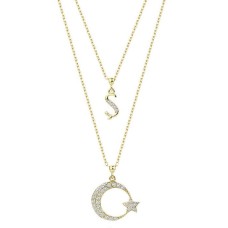 Çift Zincirli Harfli Ay Yıldız Gümüş Sarı Kolye GMS1913