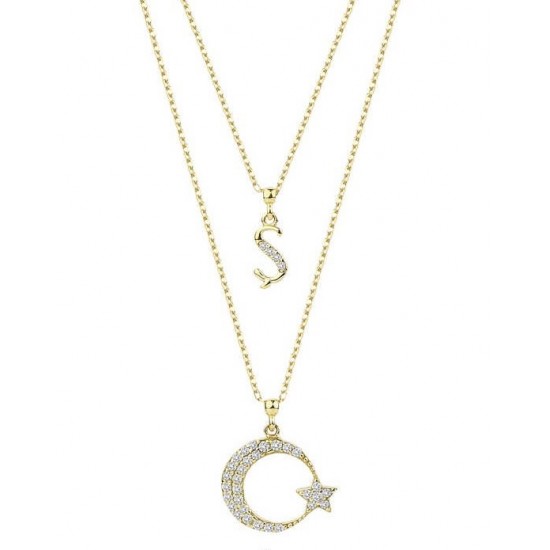 Çift Zincirli Harfli Ay Yıldız Gümüş Sarı Kolye GMS1913