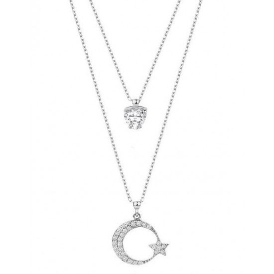 Çift Zincirli Tek Taşlı Ay Yıldız Gümüş Beyaz Kolye GMS1914