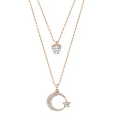 Çift Zincirli Tek Taşlı Ay Yıldız Gümüş Rose Kolye GMS1915