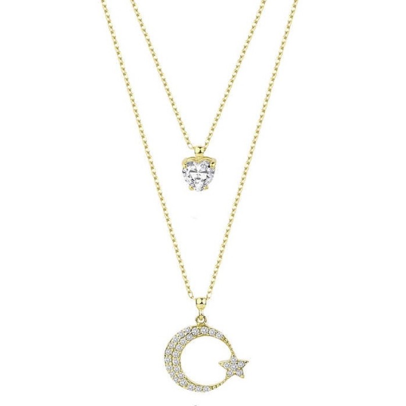 Çift Zincirli Tek Taşlı Ay Yıldız Gümüş Sarı Kolye GMS1916 Çift Zincirli Tek Taşlı Ay Yıldız Gümüş Sarı Kolye GMS1916