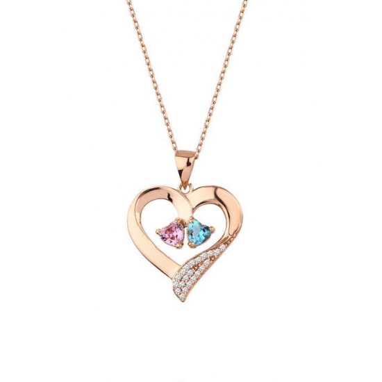 Çift Kalp Taşlı Rose Renk Gümüş Kolye GMS1949