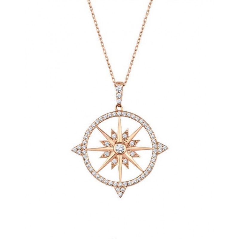 Kutup Yıldızı Pusula Rose Renk Gümüş Kolye GMS1989