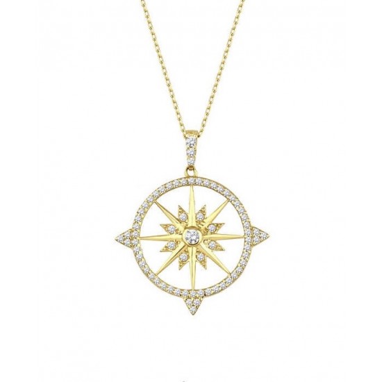 Kutup Yıldızı Pusula Sarı Renk Gümüş Kolye GMS1990