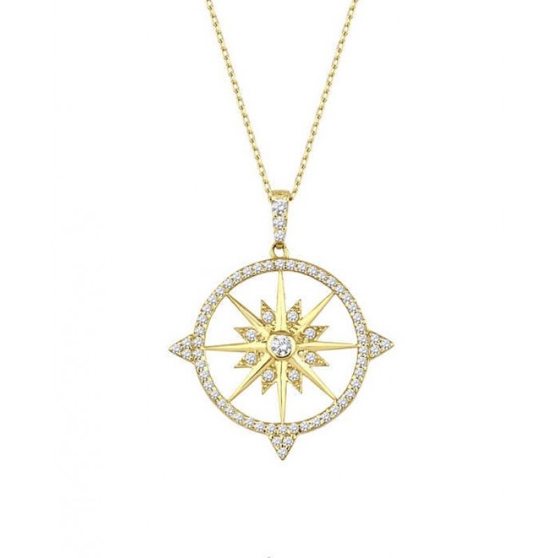 Kutup Yıldızı Pusula Sarı Renk Gümüş Kolye GMS1990
