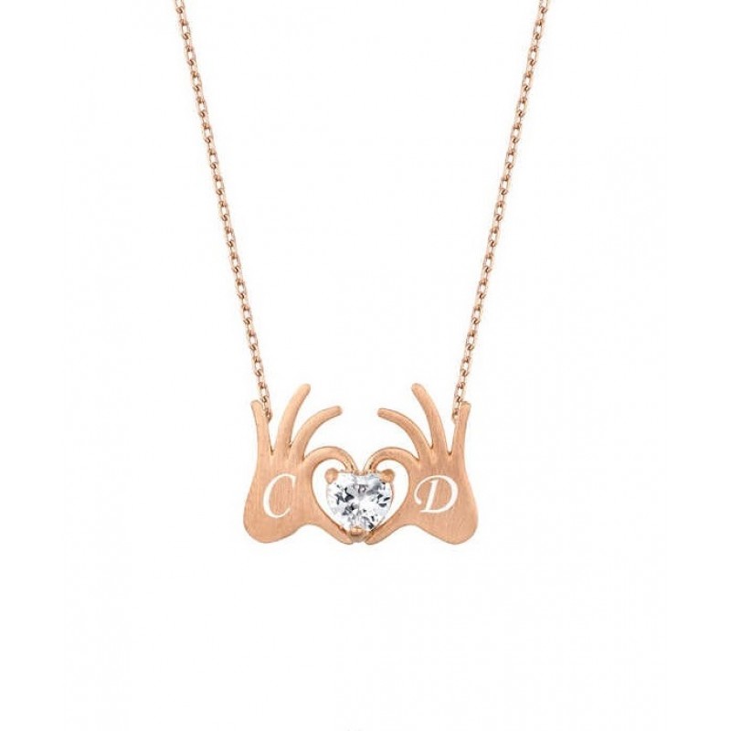 Kalpli El Harfli Rose Renk Gümüş Kolye GMS2024