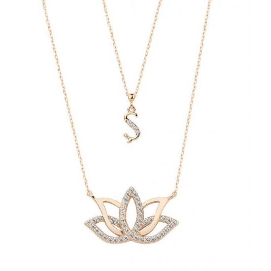 Harfli Lotus Çiçeği Rose Renk Gümüş Kolye GMS2055