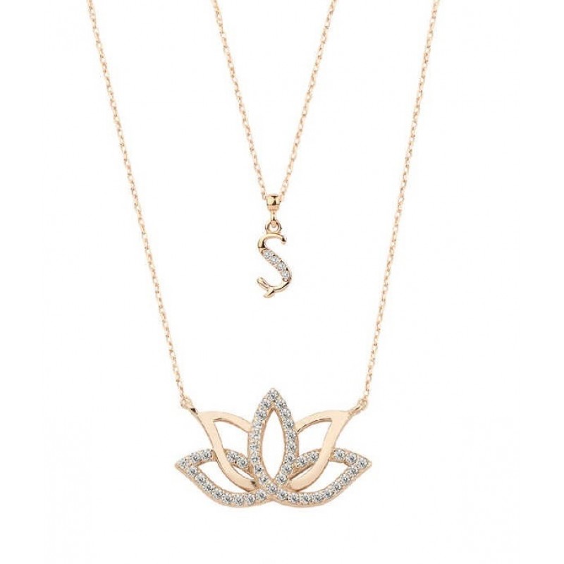 Harfli Lotus Çiçeği Rose Renk Gümüş Kolye GMS2055