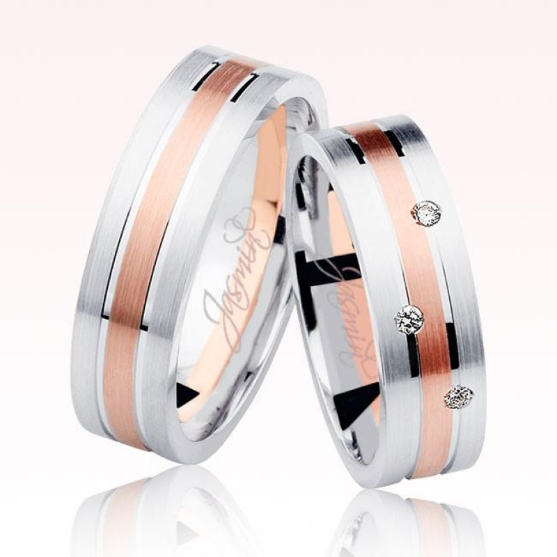 Beyaz Rose Şeritli Taşlı Altın Alyans 2804-2