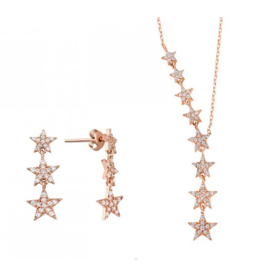 Takım Yıldızı İkili Rose Renk Gümüş Set Üçlü Küpe GMS2092