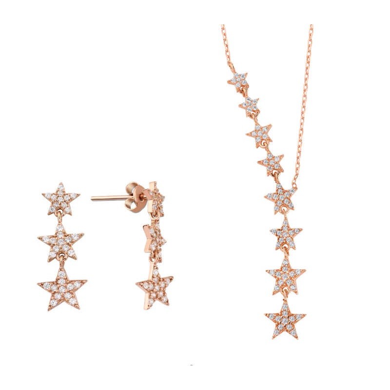 Takım Yıldızı İkili Rose Renk Gümüş Set Üçlü Küpe GMS2092