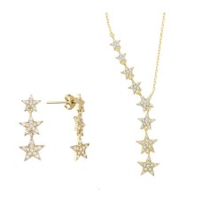 Takım Yıldızı İkili Sarı Renk Gümüş Set Üçlü Küpe GMS2093