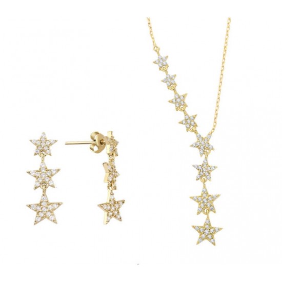 Takım Yıldızı İkili Sarı Renk Gümüş Set Üçlü Küpe GMS2093