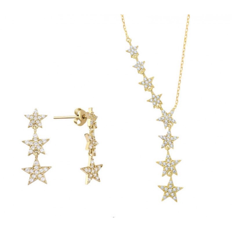 Takım Yıldızı İkili Sarı Renk Gümüş Set Üçlü Küpe GMS2093