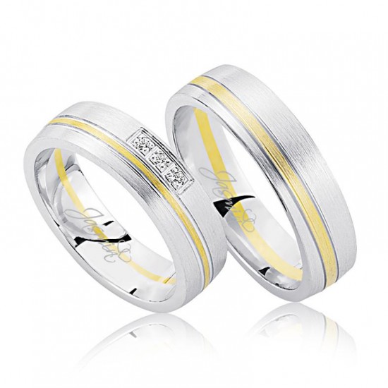 Beyaz Sarı Şeritli Taşlı Altın Alyans 3305-2