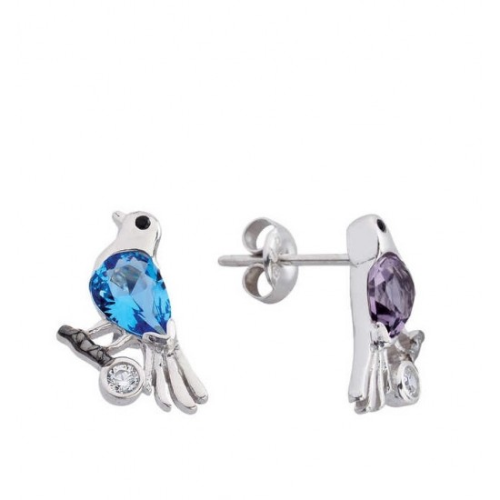 Renkli Kuşlar Gümüş Küpe GMS2097