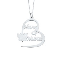 İki İsimli Kalpli Kelebek Gümüş Kolye GMS1292