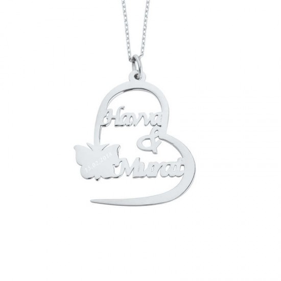 İki İsimli Kalpli Kelebek Gümüş Kolye GMS1292