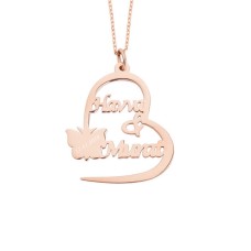 İki İsimli Kalpli Kelebek Gümüş Kolye GMS1291