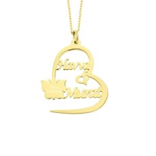 İki İsimli Kalpli Kelebek Gümüş Kolye GMS1293