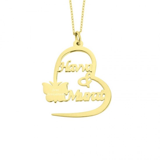 İki İsimli Kalpli Kelebek Gümüş Kolye GMS1293